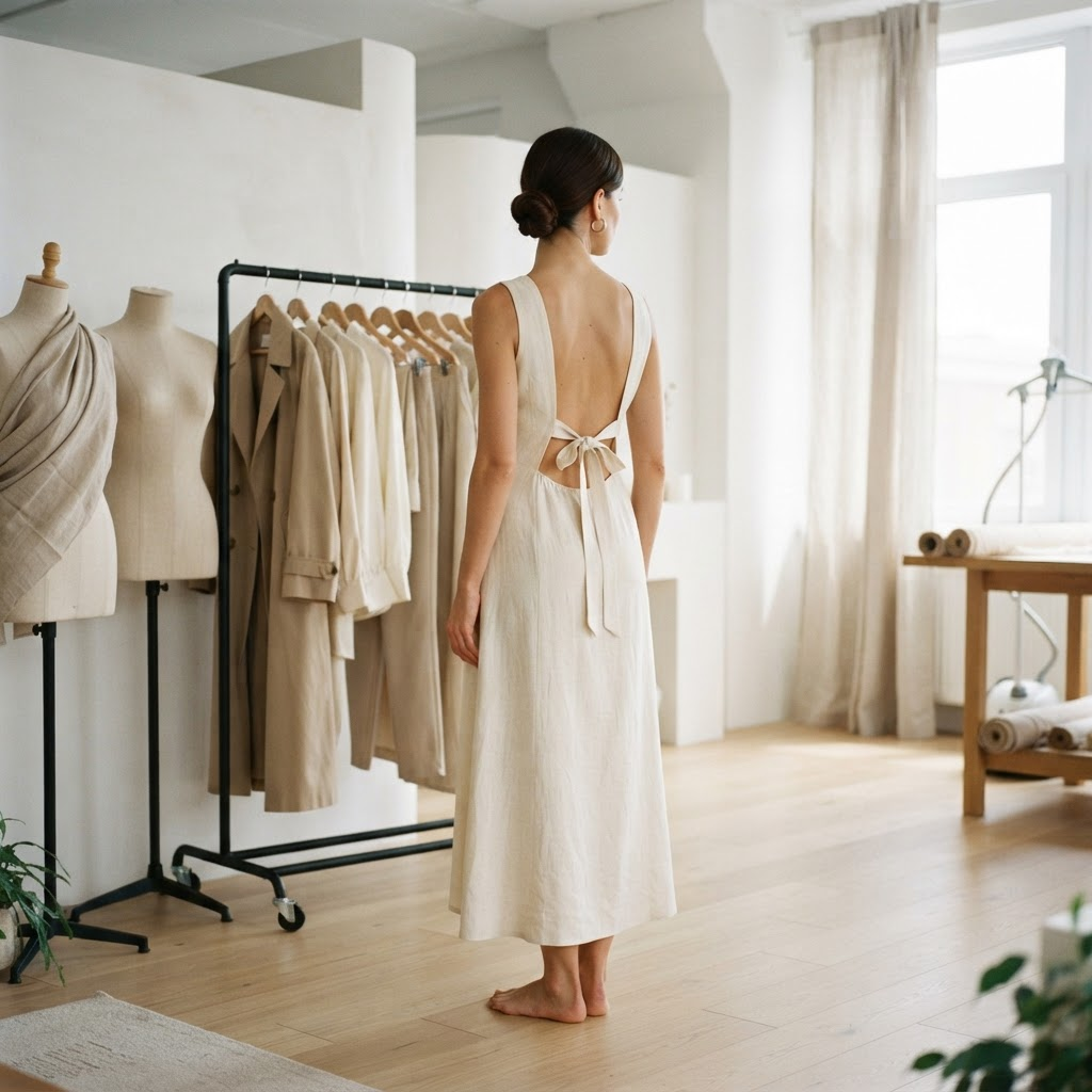 Modelo con vestido de lino junto a maniquíes y una percha con prendas de tonos neutros